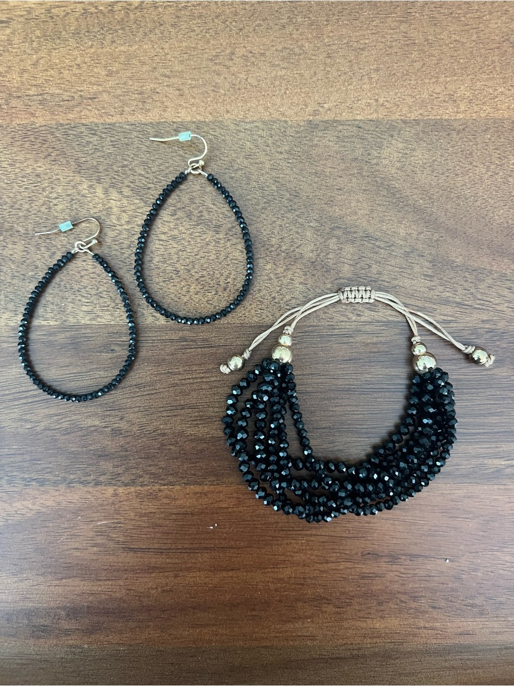 Black Faceted Beaded Earrings & Multi Strand Bracelet Set